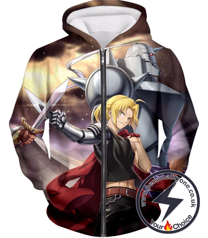 Fullmetal Alchemist Alchemy Brothers Edward x Alphonse Amazing Anime Action Zip Up Hoodie